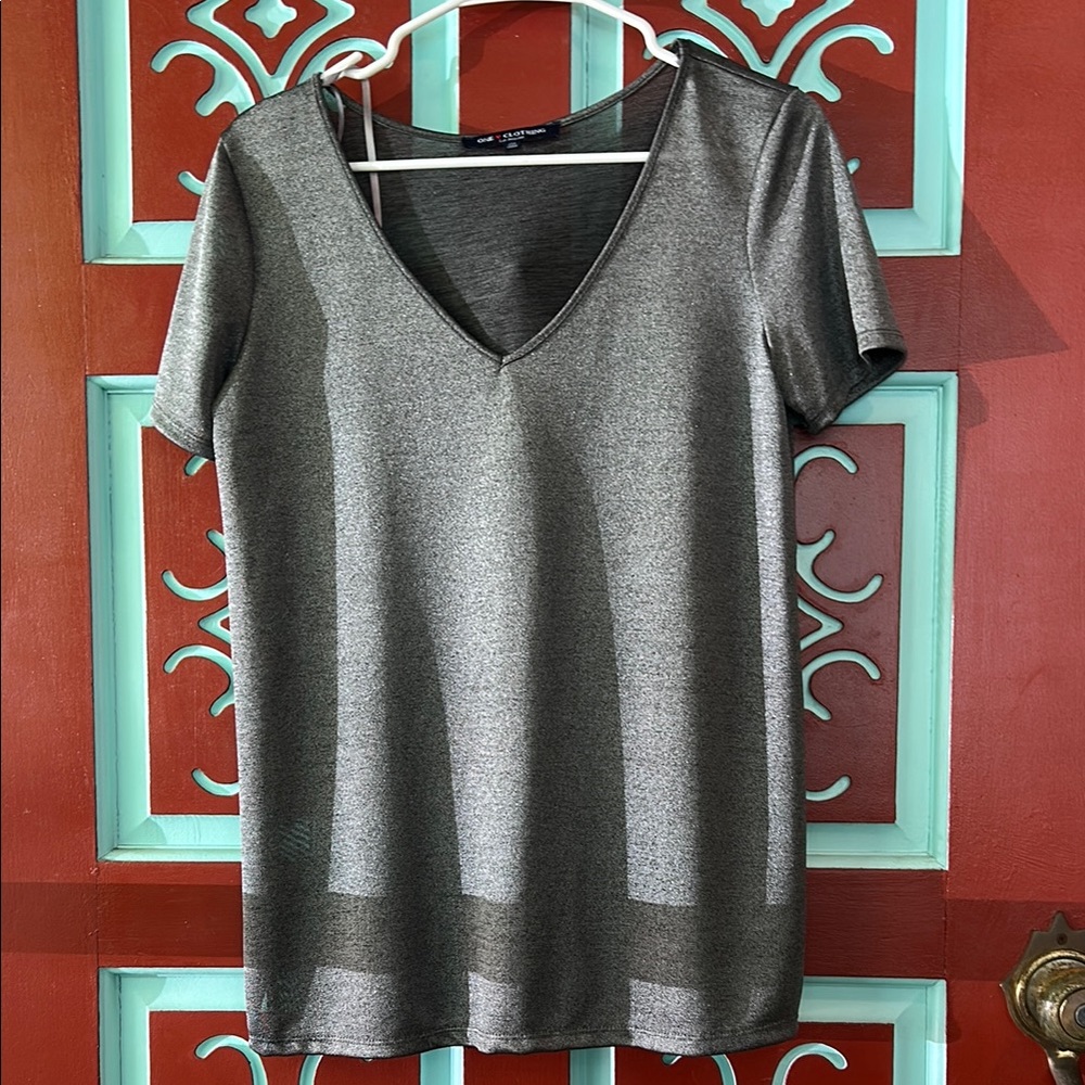 Metallic Silver V-Neck Women's Top